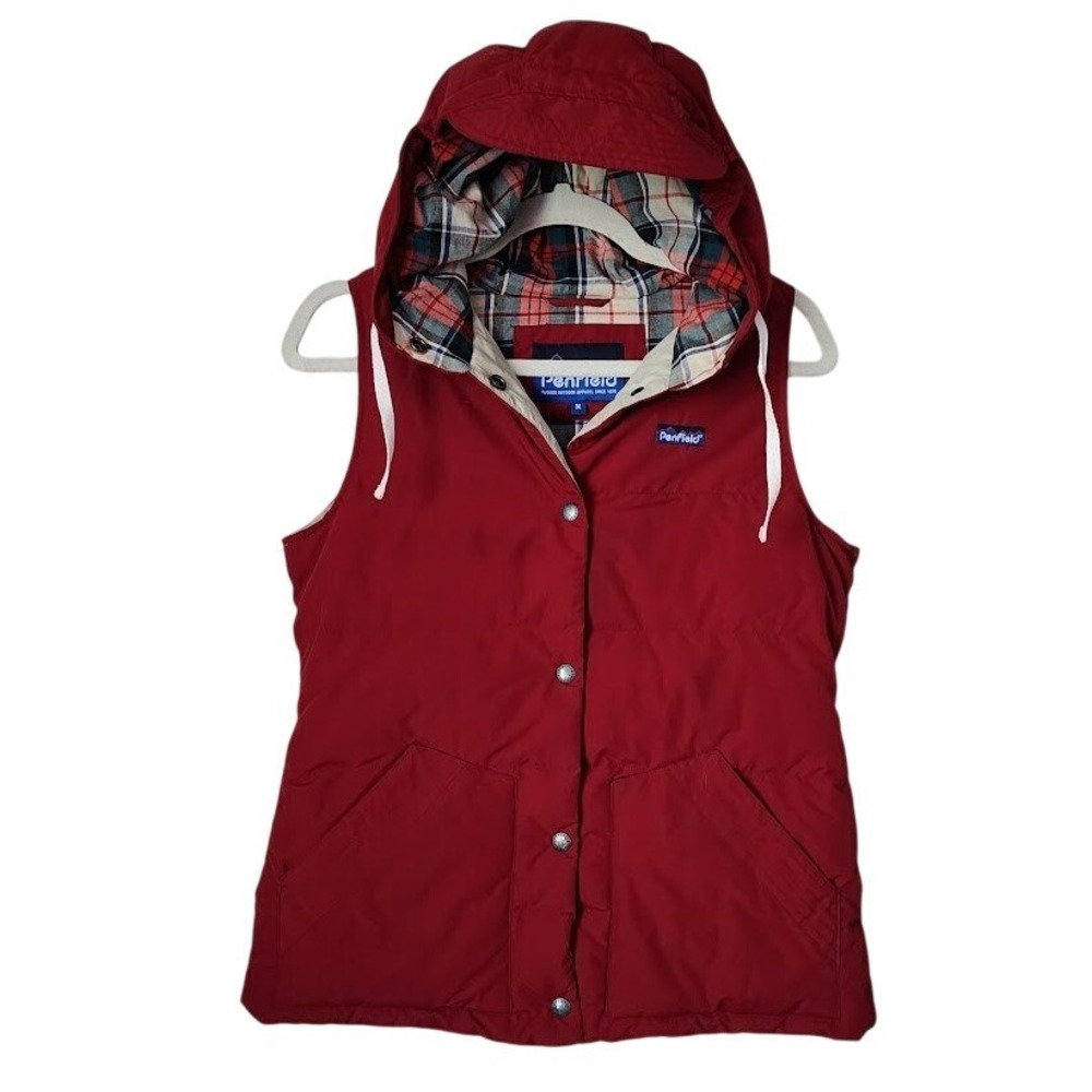 PENFIELD Lucedale Down Puffer Hooded Vest Red Plaid Lined Gilet Size M